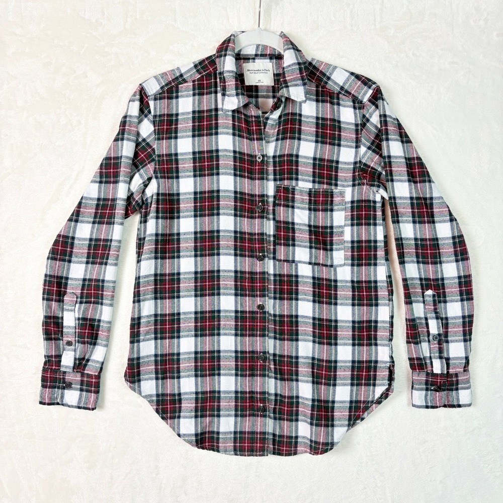 Abercrombie & Fitch Women XS Plaid Boyfriend Flannel Shirt Red Green Oversized